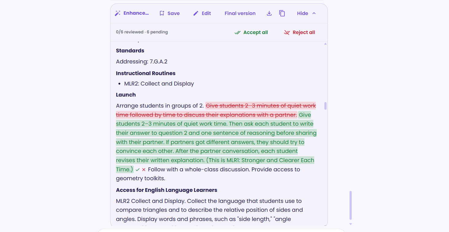Suggested edits marked inline, each with its own accept and reject controls.