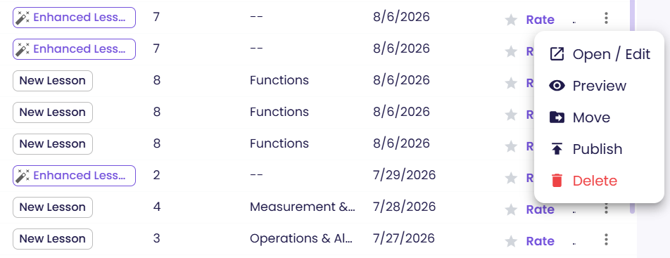 The actions menu on a single lesson.