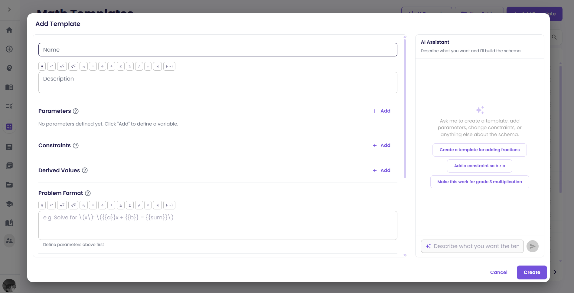 The math template schema editor.