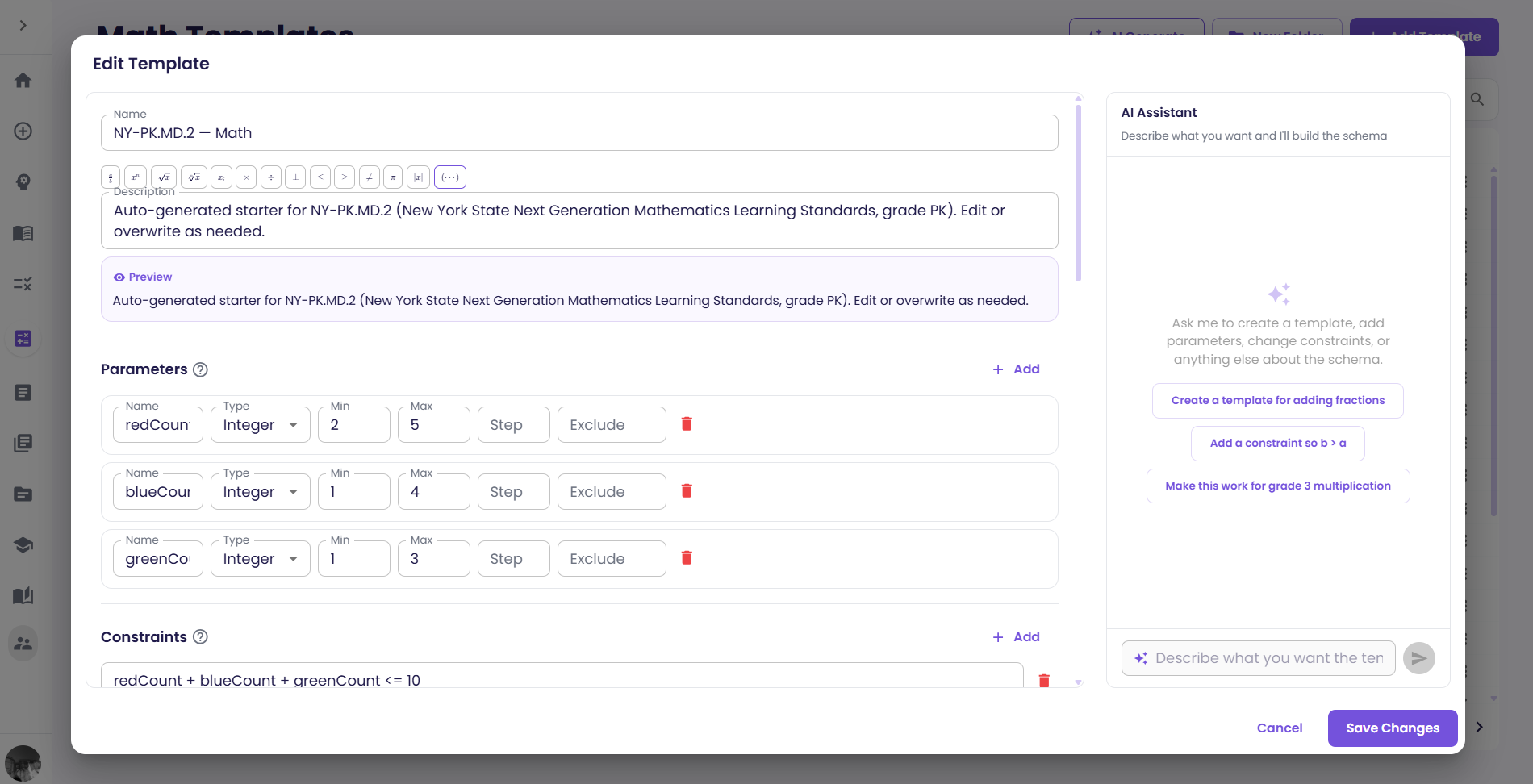 The live problem preview in the template editor.