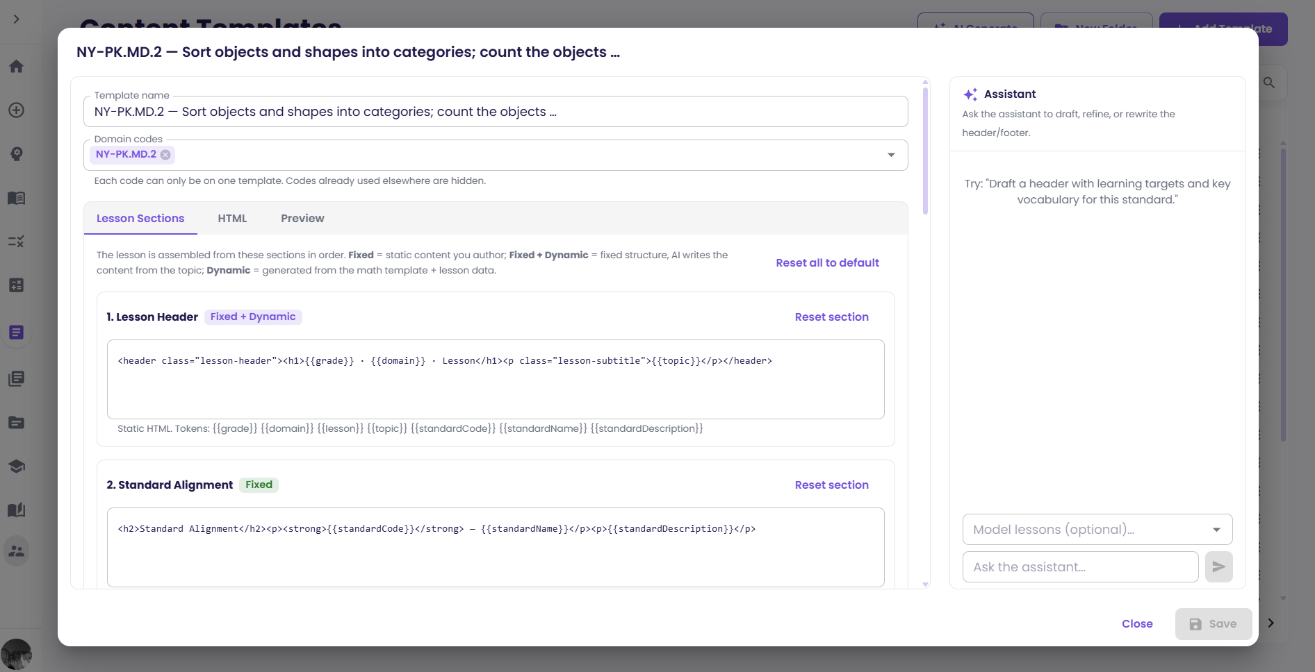 The Lesson Sections tab of a content template.