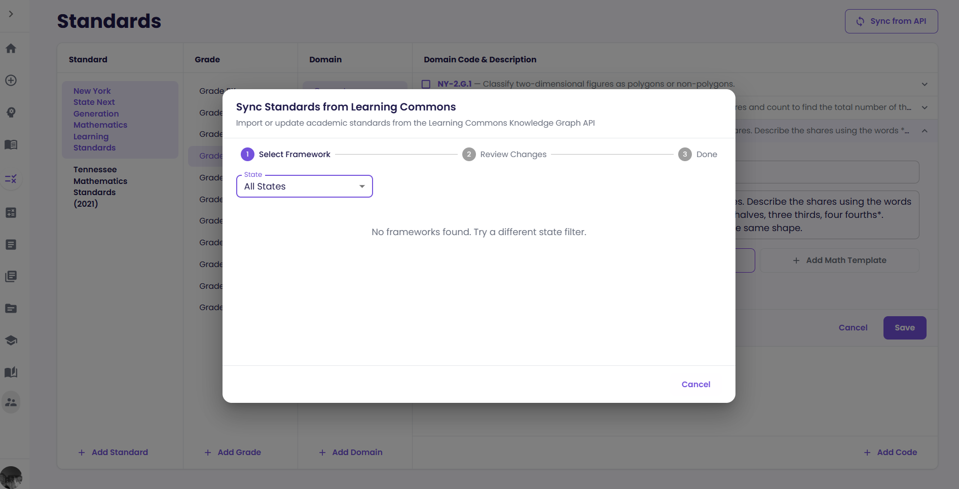 Reviewing changes before a standards framework sync is applied.