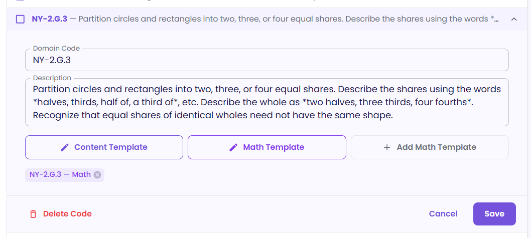 Attaching a math template to a domain code.