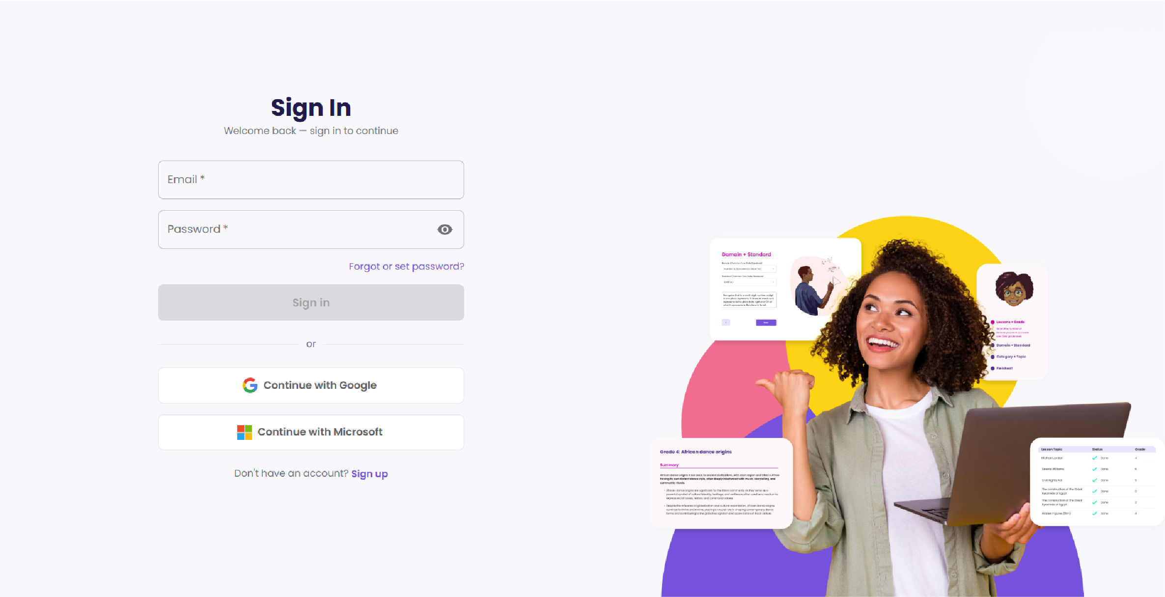 The GLEAM Accelerator sign-in page, with email and password fields above Continue with Google and Continue with Microsoft.