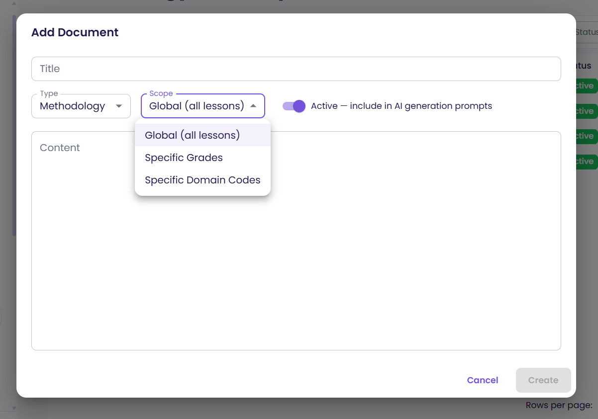 The Methodology & Examples library, listing documents with their type, scope and status.