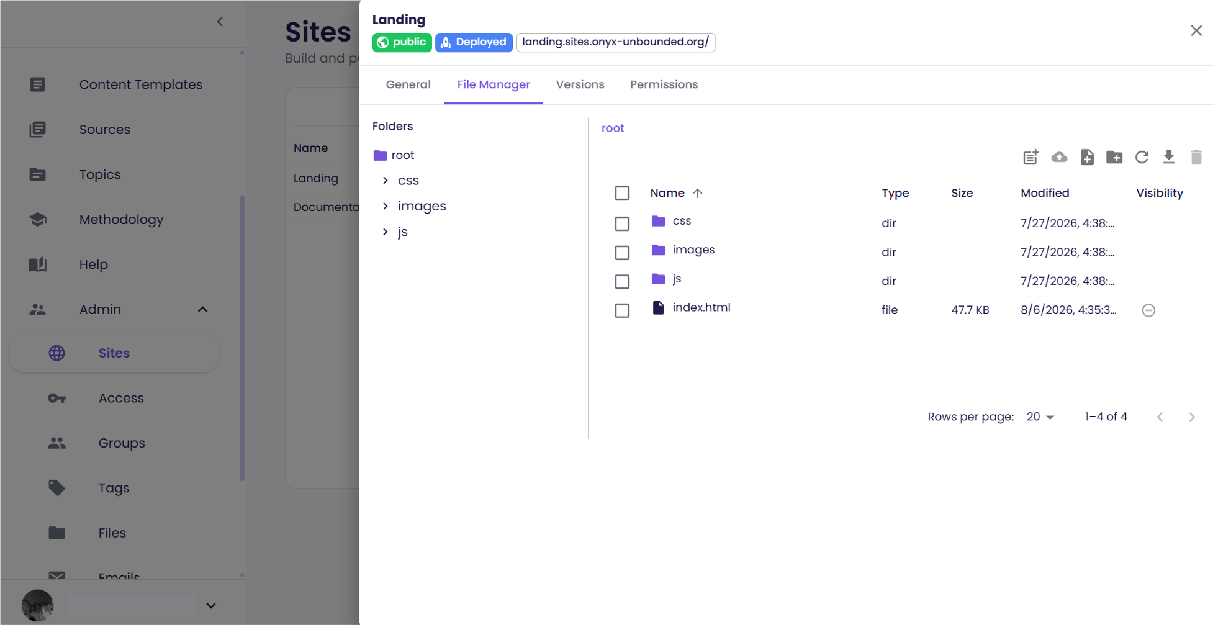 A site's File Manager tab, listing the css, images and js folders alongside index.html, with the site's address and Deployed status above.