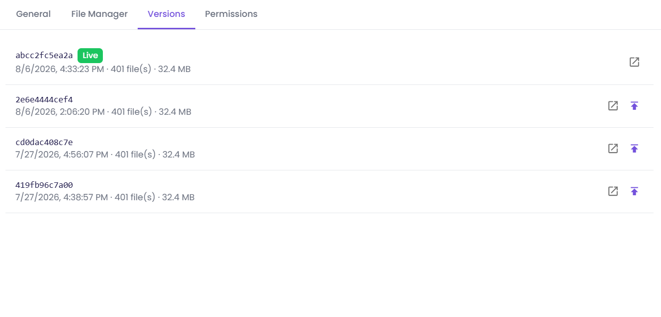 The Versions tab, listing published snapshots by content hash with the current one marked Live, each offering preview and promote actions.
