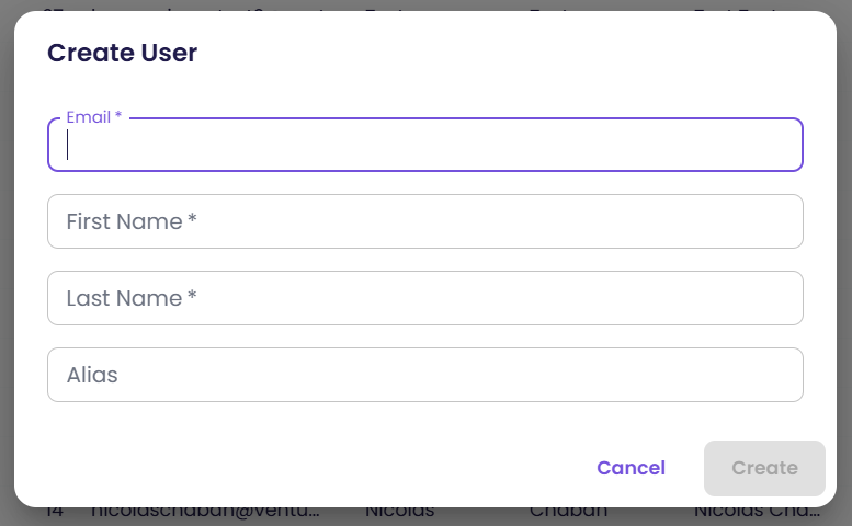 The Create User dialog, with fields for email, first name, last name and an optional alias.