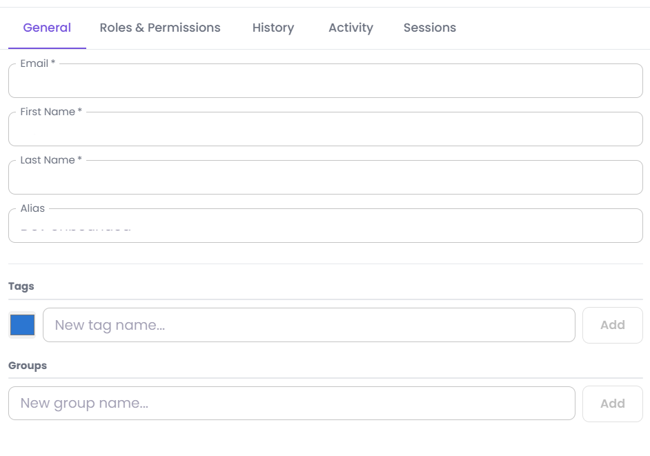 A user's detail view, open on the General tab, with Roles & Permissions, History, Activity and Sessions alongside it.