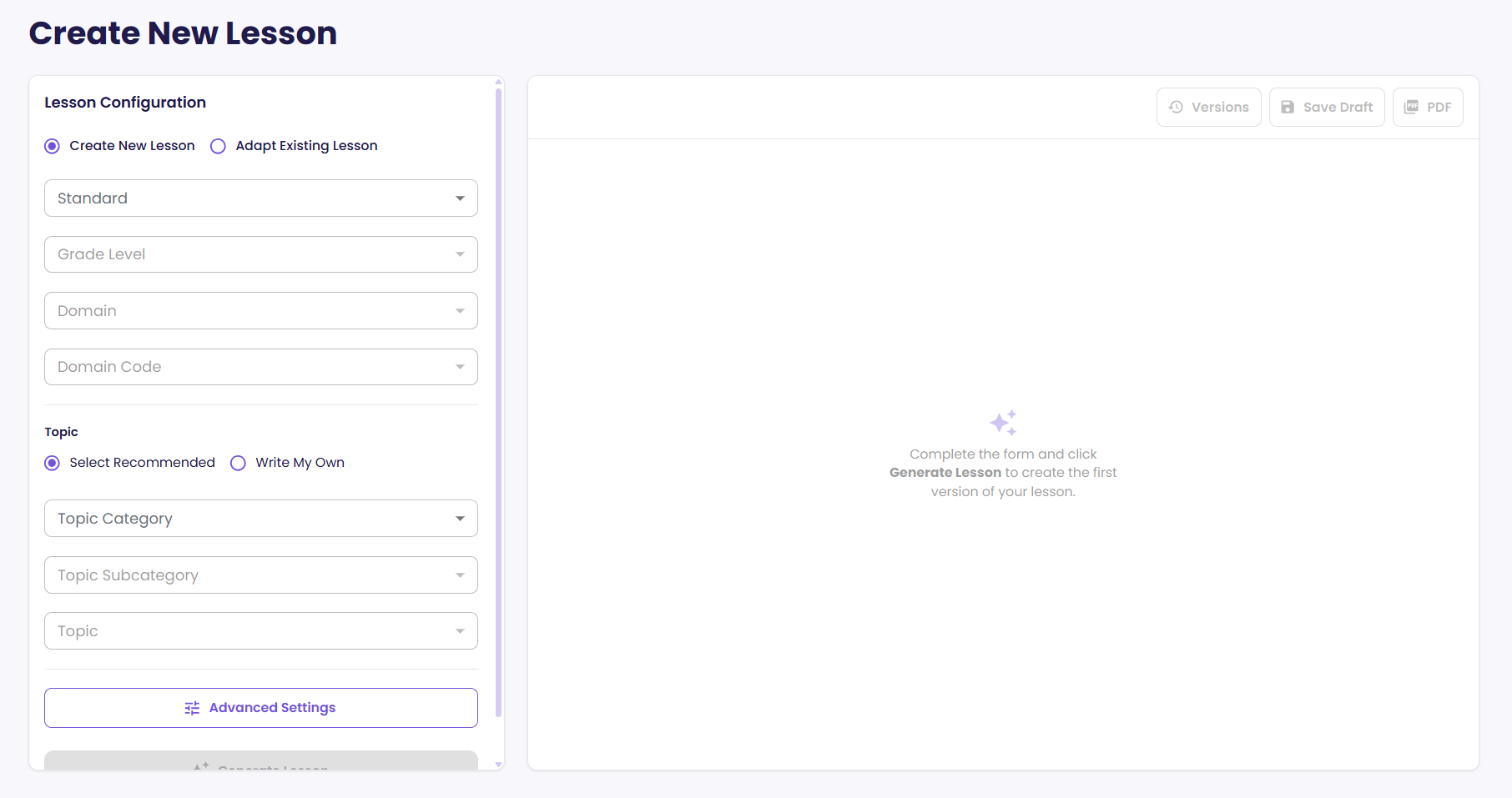 The Lesson Generator page, with the configuration panel on the left and the generated lesson on the right.