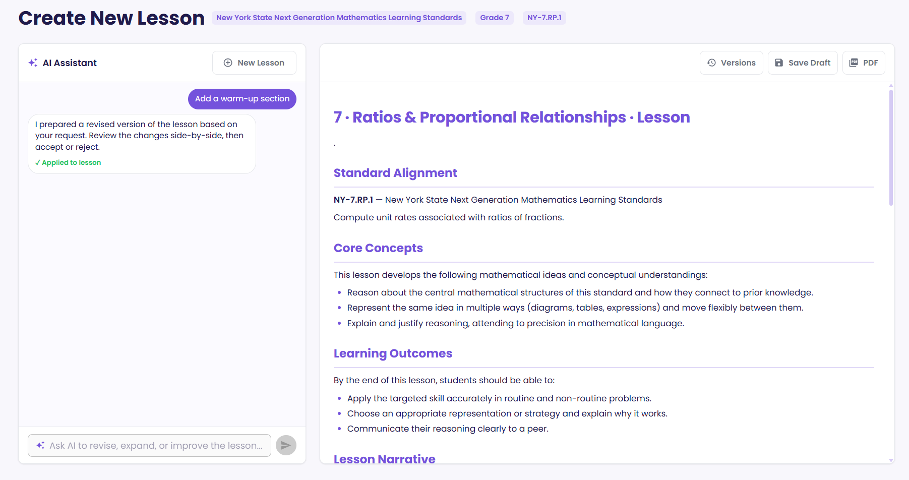 The AI revision chat below a generated lesson.